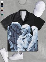 Men's Regular Fit Angel & Ethnic Pattern Print Short Sleeve Shirt, Casual Comfy Top for Summer, Men's Clothes for Daily Wear