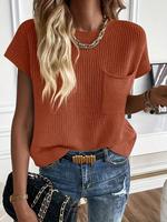 Women's Plain Pocket Round Neck Comfort Knit Top, Fitted Casual Short Sleeve Womenswear, Crochet Tops for Lady, Summer, Comfo...