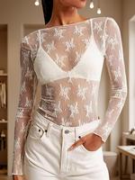 Women's Sheer Floral Lace Top, Casual Classy Long Sleeve Boat Neck Top for Daily Wear, Ladies Clothes for All Seasons, T Shi...