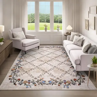 Garvee Floral Beige 4x6 Washable Area Rugs for Living Room: Modern Floral Non Slip Large Area Rugs for Bedroom, Large Machine...