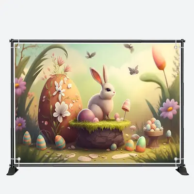 Bunny Paschal Eggs Flowers Garden Easter Backdrop - Aperturee