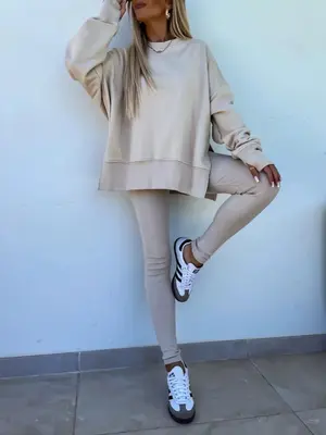 Women's Solid Drop Shoulder Split Hem Sweatshirt & Pants Two-piece Set, Casual Fashion Cozy Breathable Outfits for Daily Outd...