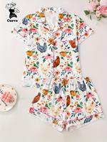 【Plus Size】 Floral & Chicken Print Pajama Two-piece Set, Casual Comfy Short Sleeve Top & Shorts Pj Set, Women's Sleepwear...