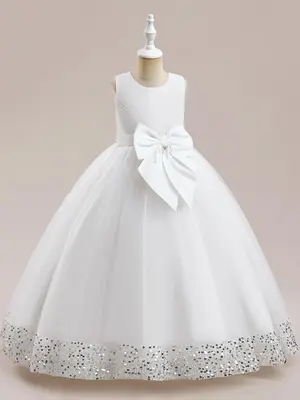 Girl's Contrast Sequin Big Bow Decor Tulle Dress, Summer Clothes,Ā Elegant Sleeveless Round Neck A-Line Satin Dress for Party...