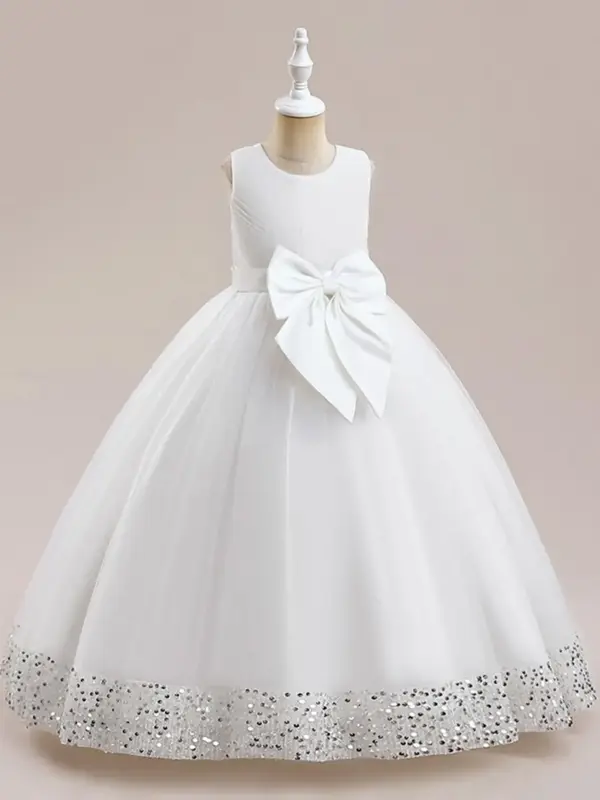 Girl's Contrast Sequin Big Bow Decor Tulle Dress, Summer Clothes, Elegant Sleeveless Round Neck A-Line Satin Dress for Party...