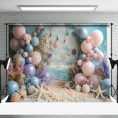 Blue Pink Balloons Summer Beach Cake Smash Backdrop
