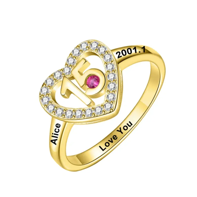 10K Gold Round Cubic Zirconia Personalized Birthstone Engraving Wedding Ring