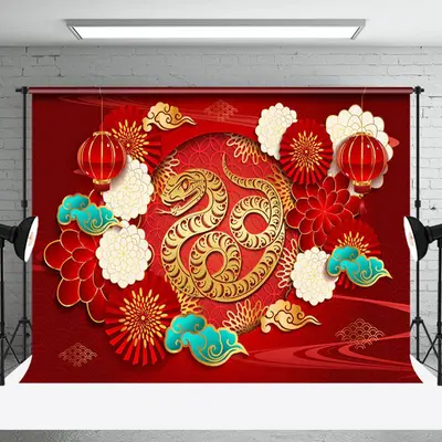 Aperturee Festive Floral Print Gold Snake New Year Backdrop