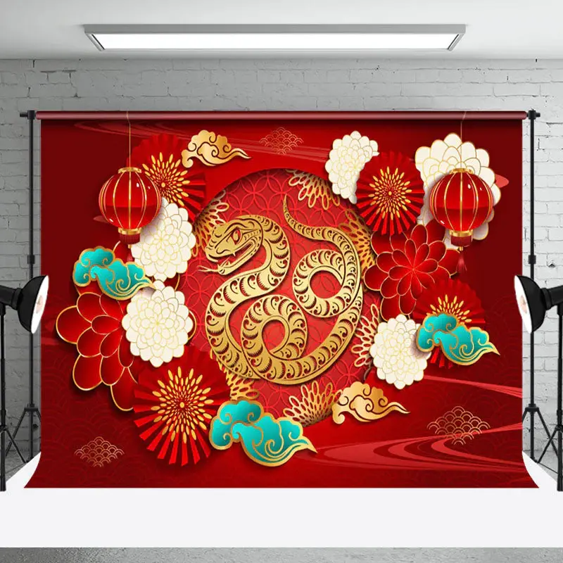 Aperturee Festive Floral Print Gold Snake New Year Backdrop