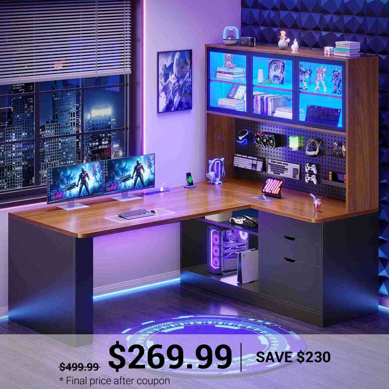 SEDETA 67 Inch L Shaped Computer Desk Corner Gaming Desk with LED Light 3 Wood Drawer Large Bookshelf Display Cabinet Pegboar...
