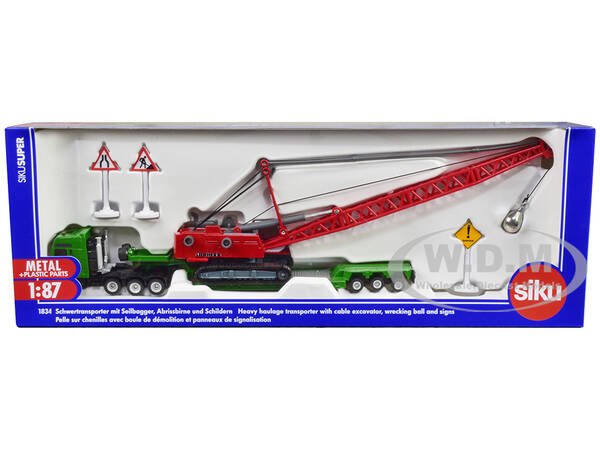 Heavy Haulage Transporter Green and Liebherr Cable Excavator Red with Wrecking Ball and Signs 1/87 (HO) Diecast Models by Sik...