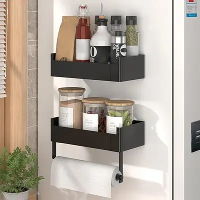 Magnetic Refrigerator Side Storage Rack, 1 Count Punch-free Kitchen Storage Rack, Refrigerator Storage Holder for Kitchen, Su...