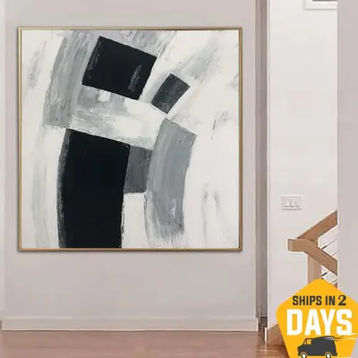 Large Abstract Black and White Painting on Canvas Minimalist Artwork Contemporary Wall Art Grey Painting for Aesthetic Room D...
