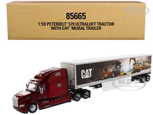 Peterbilt 579 UltraLoft Truck Tractor Red with CAT Caterpillar Mural Dry Van Trailer Transport Series 1/50 Diecast Model by D...