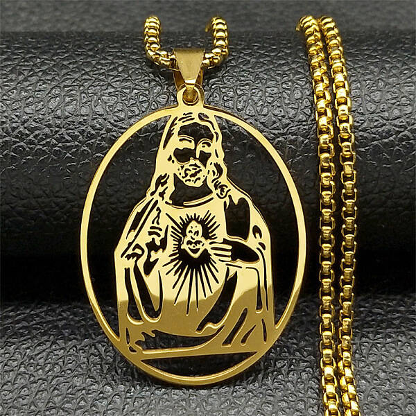 304 Stainless Steel Oval with Hollow Juses Pendant Necklaces