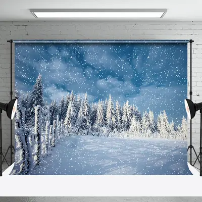 Wooden Fence Pine Forest Snow Landscape Backdrop - Aperturee