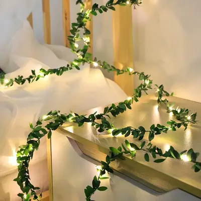 LED Green Rattan Light String For DIY Simulation Garland (1 Count), Battery Powered Leaf Fairy String Light, Atmosphere LED L...