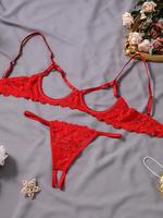 Women's Floral Lace Sexy Lingerie Set, Aesthetic Adjustable Straps Sexy Cut Out Underwire Bra & Open Crotch Design Thong Two-...