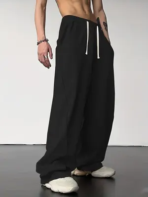 Men's Solid Pocket Drawstring Waist Wide Leg Sweatpants, Street Fashion Casual Loose Pants for Daily Wear, Pants for Men, Men...