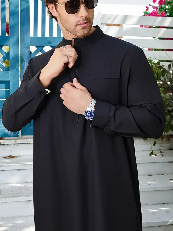 Men's Black Arabic Thobe - Modest Muslim Robe for Eid & Prayer | Traditional Classic Islamic Clothing with Mandarin Collar & ...