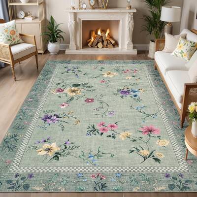 Garvee 8x10 Area Rugs for Living Room, Floral Washable Rug Modern Large Soft Non-Slip Throw Rug Indoor Floor Stain Resistant ...