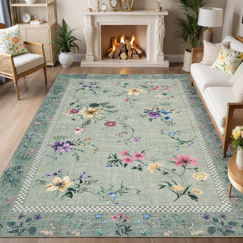 Garvee 8x10 Area Rugs for Living Room, Floral Washable Rug Modern Large Soft Non-Slip Throw Rug Indoor Floor Stain Resistant ...