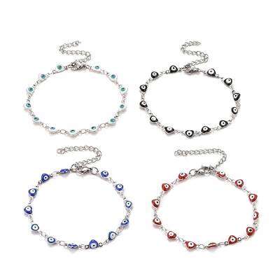 Enamel Heart with Evil Eye Link Chains Bracelet