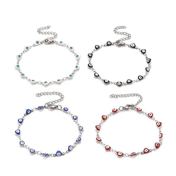 Enamel Heart with Evil Eye Link Chains Bracelet