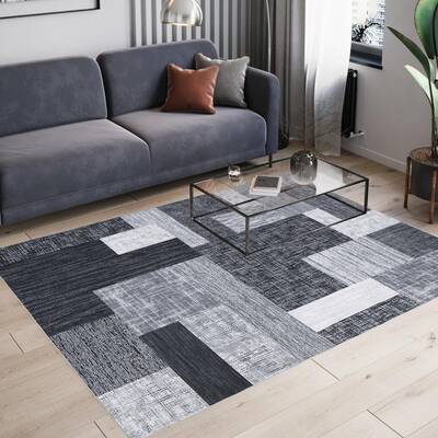 Garvee Geometric Grey 4x6 Washable Area Rug Modern Geometric Living Room Rug Non-Slip Stain Resistant Contemporary Patchwork ...