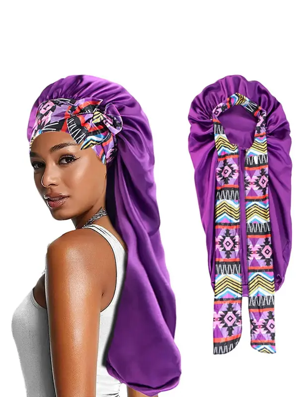 1 Piece Women's Ethnic Pattern Long Oversized Satin Bonnet, Casual Elastic Sleeping Cap with Ribbon for All Seasons, Breathab...