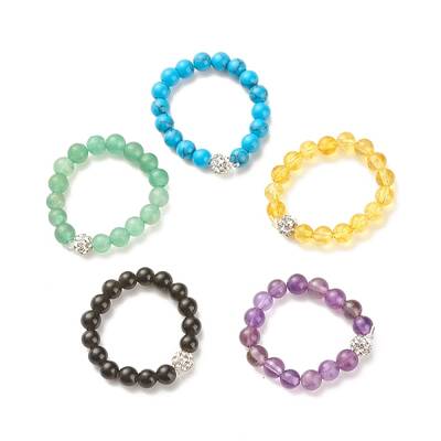 Gemstone Round Beaded Stretch Ring with Crystal Rhinestone Disco Ball for Women