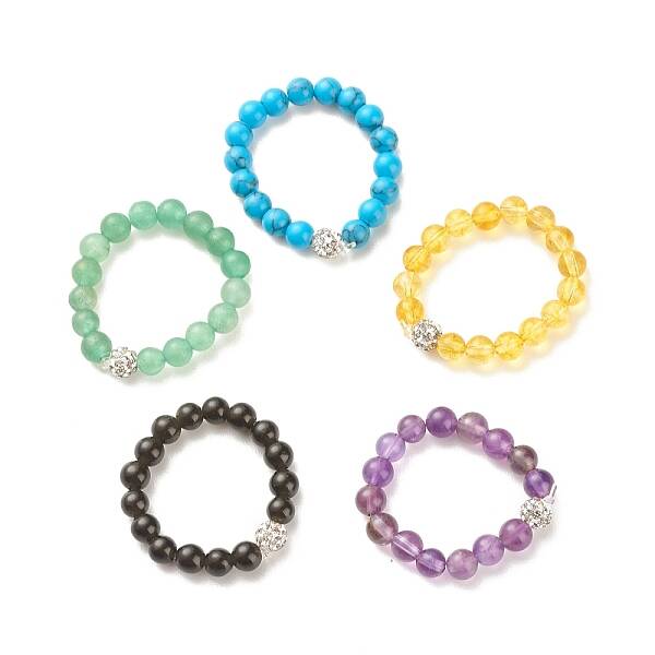 Gemstone Round Beaded Stretch Ring with Crystal Rhinestone Disco Ball for Women