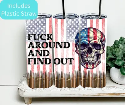 FAFO F Around And Find Out American Flag Skull 20oz Tumbler with BPA Free Lid & Straw Insulated Stainless Steel Drinkware