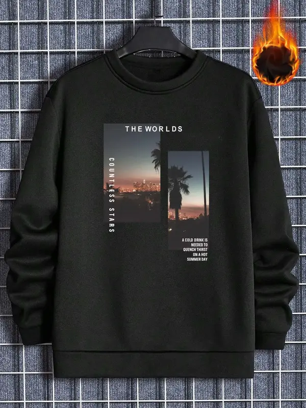 Unisex Men's Landscape Print Round Neck Essentials Sweatshirt, Loose Casual Drop Shoulder Pullover, Streetwear Best Wish P...