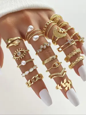 Fashion Vintage Hollow out Rhinestone & Faux Pearl Decorated Ring, Casual Flower & Leaf & Moon Design Rings Jewelry for Party...