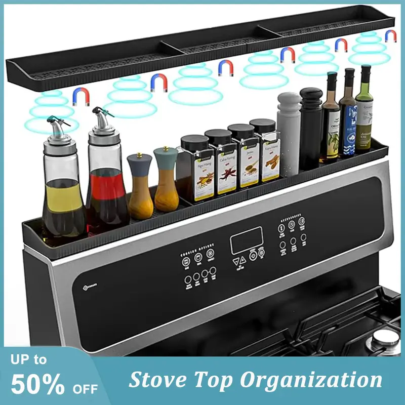 30 inch Silicone Stove Top Shelf Magnetic Kitchen Gadget Rack for Spice Organizer - Heat-Resistant & Space-Saving Organizatio...