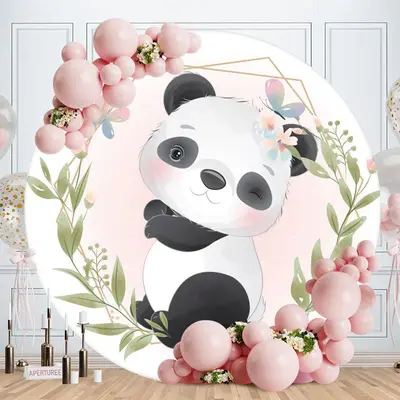 Aperturee Panda And Leaves Round Baby Shower Backdrops