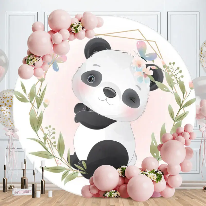 Aperturee Panda And Leaves Round Baby Shower Backdrops