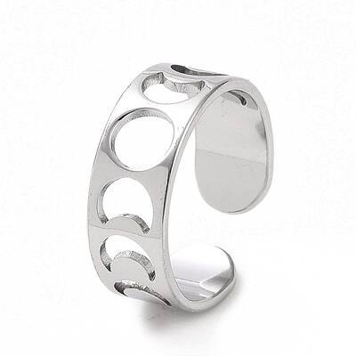 Non-Tarnish 304 Stainless Steel Hollow Out Moon Phase Open Cuff Ring for Women