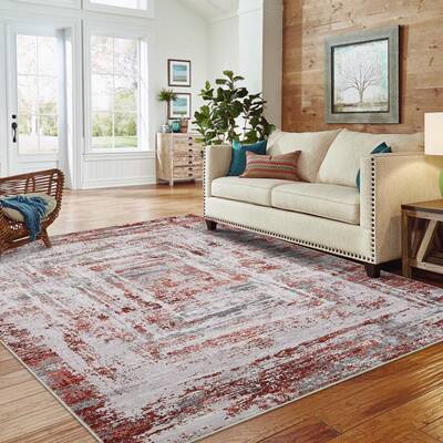 Garvee 9x12 Area Rug Abstract Washable Non-Slip Large Rug for Living Room Bedroom Dining Table Home Office Red Grey