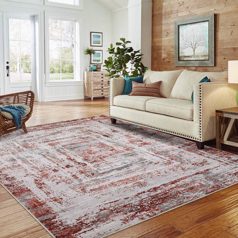Garvee 9x12 Area Rug Abstract Washable Non-Slip Large Rug for Living Room Bedroom Dining Table Home Office Red Grey