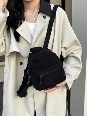 Women's Solid Color Corduroy Mini Backpack, Fashionable Casual Versatile Zipper Backpack, Simple Design Backpack for Daily Us...
