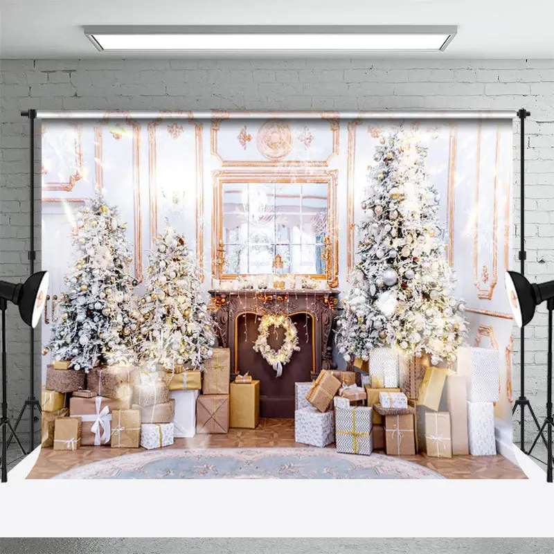 White Xmas Trees Presents Indoor Christmas Backdrop - Aperturee