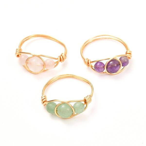 Copper Wire Wrapped Mixed Natural Gemstone Braided Bead Rings for Women