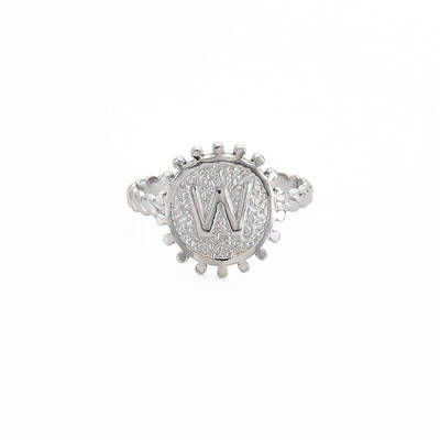 Non-Tarnish 304 Stainless Steel Flat Round with Initial Letter Open Cuff Ring for Men Women