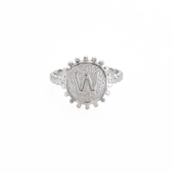 Non-Tarnish 304 Stainless Steel Flat Round with Initial Letter Open Cuff Ring for Men Women