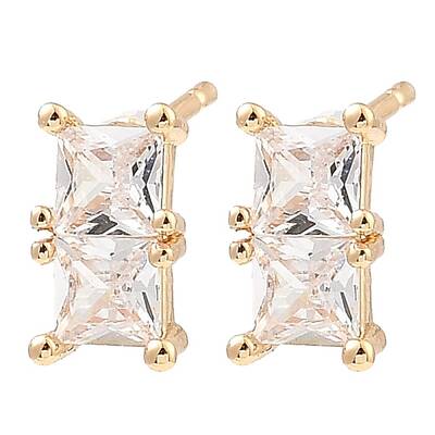 Brass Pave Clear Cubic Zirconia Rectangle Stud Earrings for Women