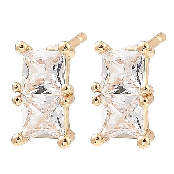 Brass Pave Clear Cubic Zirconia Rectangle Stud Earrings for Women