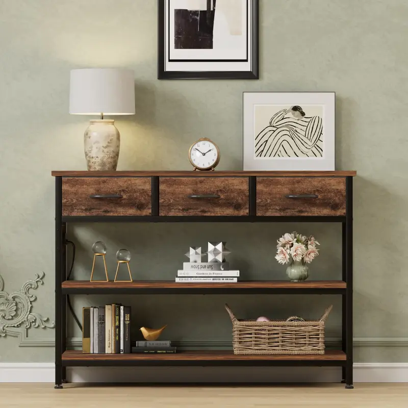 【FallDealsForYou】AOWOS Entryway Table with Power Outlets, Console Table with 3 Fabric Drawers, 3 Drawers Dresser, Entrywa...
