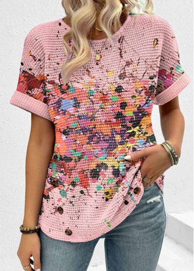 Modlily Pink Patchwork Dazzle Colorful Print Short Sleeve T Shirt - S